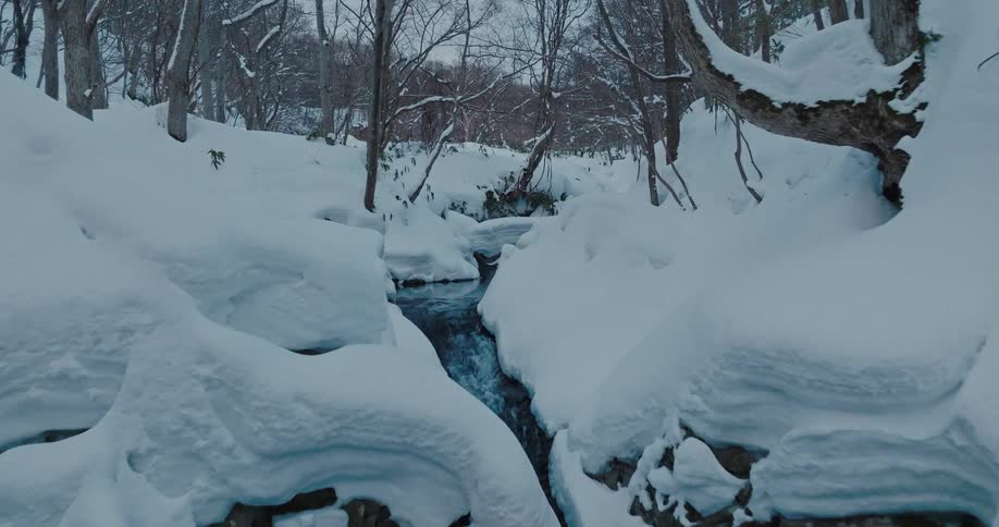 A serene snowy forest surrounds a dark icy stream cutting through deep snowbanks