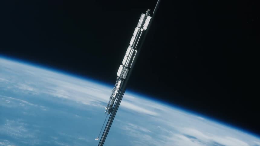 A space elevator cabin climbs a tether to space - low Earth orbit view