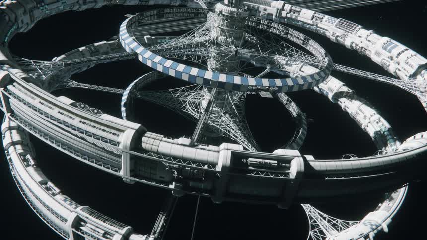 A space elevator arrives at orbital station above Earth