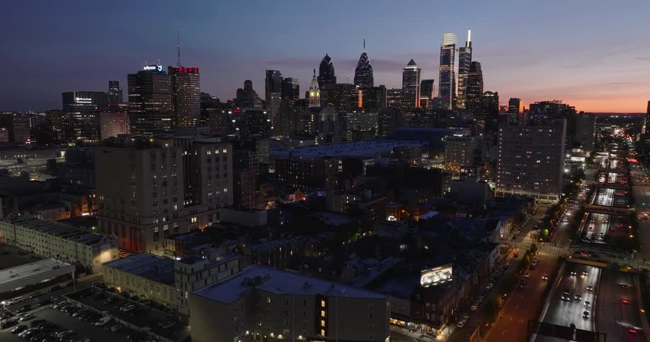 Aerial panorama at dusk of Philadelphia with modern skyscrapers
