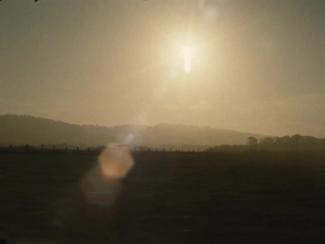 The long farm land is covered with fog