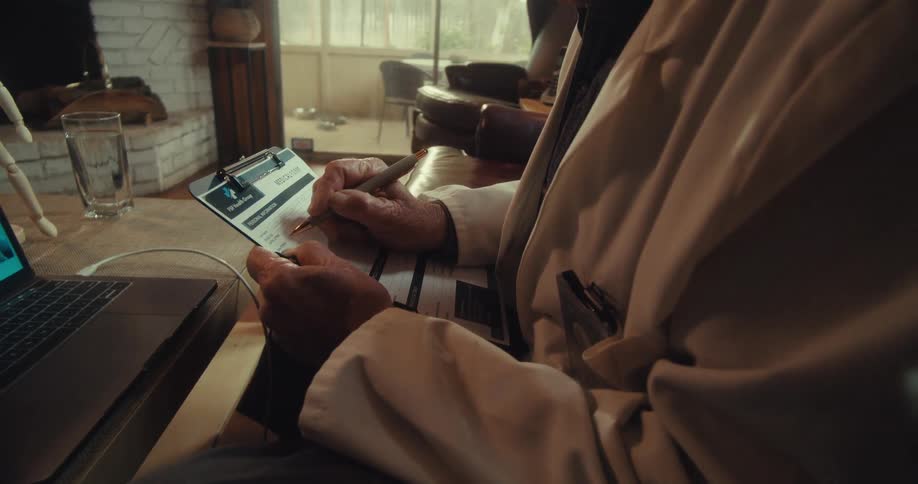Person in lab coat sitting taking notes in front of a laptop