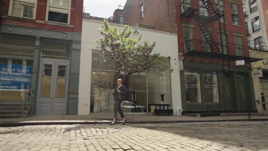 A woman in business attire walks along a cobblestone street beside storefronts and a flowering tree