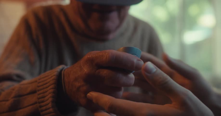 An elderly man wears a vr headset indoors fully immersed in a virtual experience