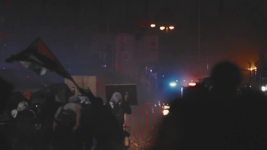 Person in a crowd of protesters waves a flag at night while lights flash