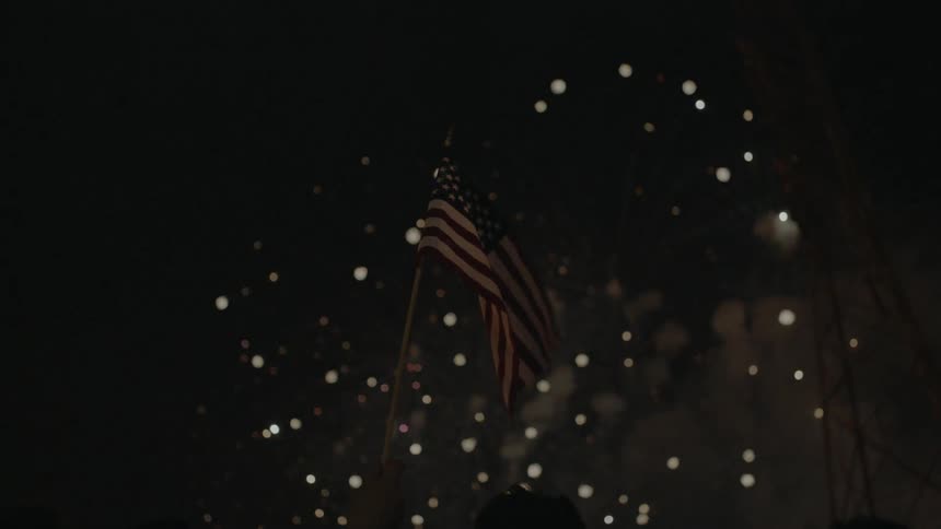 A person holds a flag up to the sky as fireworks burst
