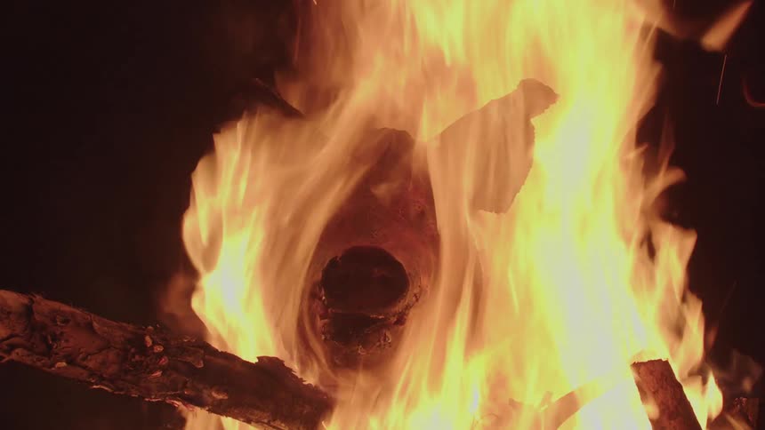 Fire burns through a log