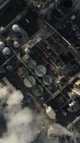 Vapor floats over the tanks and buildings of an industrial park during the daytime