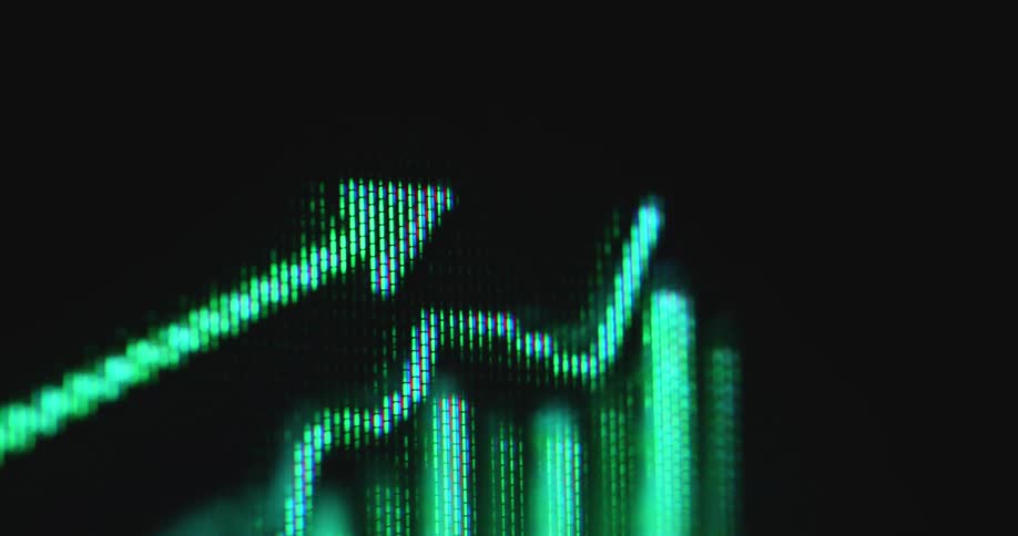 Pixelated screen of a vintage 90s computer displaying a green graph with an arrow pointing upwards symbolizing the beginning of the digital financial era and the first online trading platforms for buying stocks in the internet