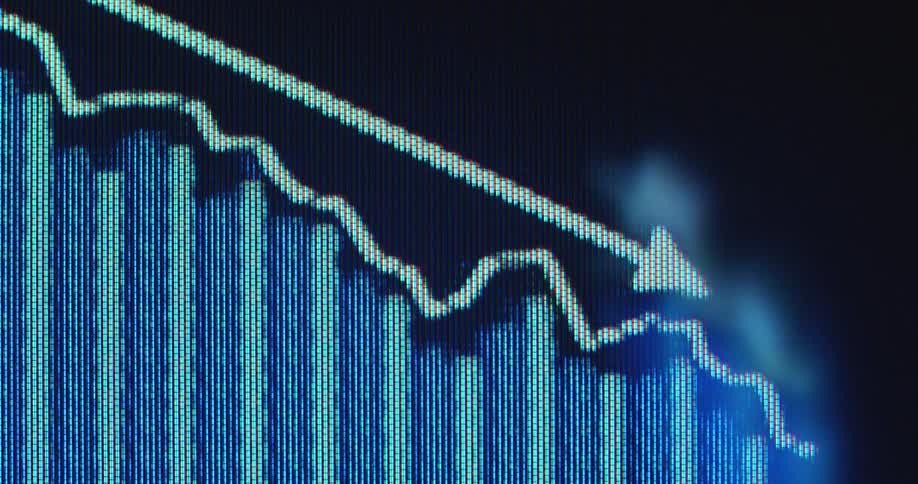 Frontal macro close up of computer monitor or screen panel displaying the user interface of a stock broker or crypto currency trading exchange as a financial investment chart or data graph is going down with a negative price development
