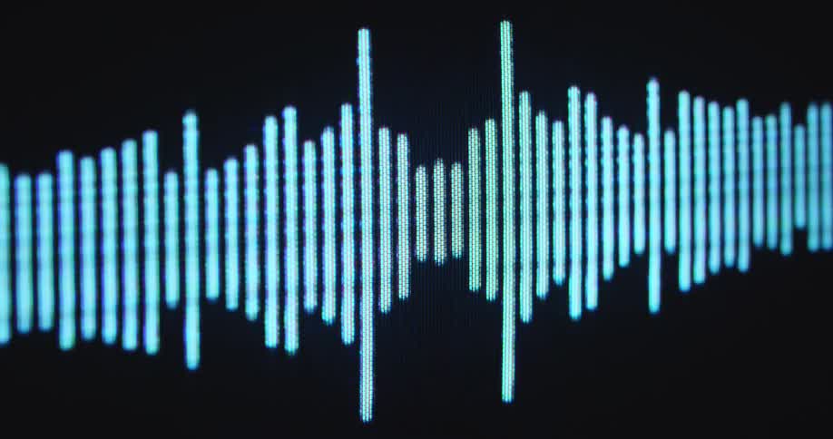 A blueish or white sound bar animation moves in time to music or the voice of the speaker of a podcast interview or audio book as the equaliser visualizes the frequencies and the high volume