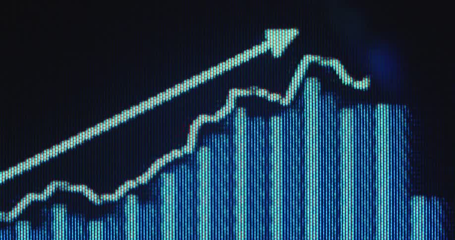 A bar and line graph shows an upward trend with an arrow emphasizing growth and increasing savings on the bank account for a solid retirement due to a successful pension plan and long-term investment strategy