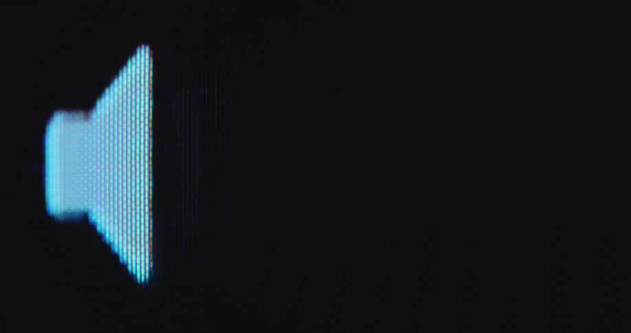 A white blue audio icon or loudspeaker emoji has bars emitting from it as symbol or visualization of a soundwave caused by loud music played at high volume with various frequencies being recorded in a recording studio