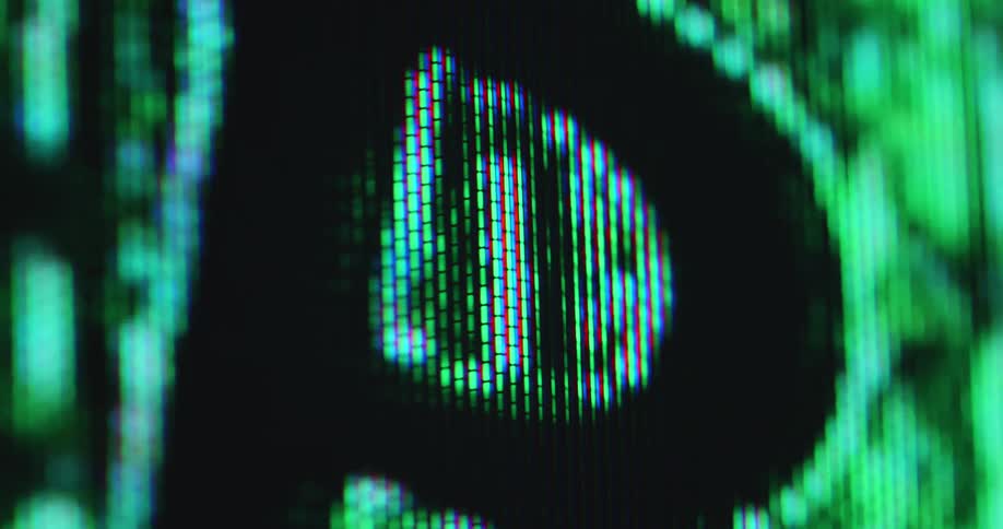 Tube TV screen with visible pixels displaying bitcoin symbol outline created by matrix style animation of appearing and disappearing binary digits 1 and 0 presenting the coin or token as digital gold and a technological revolution in a new asset class