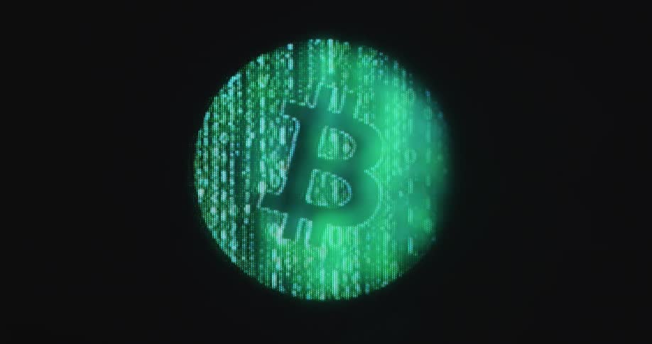 A bitcoin logo animates and comes into focus formed from cascading green matrixstyle numbers against a black background before disappearing again