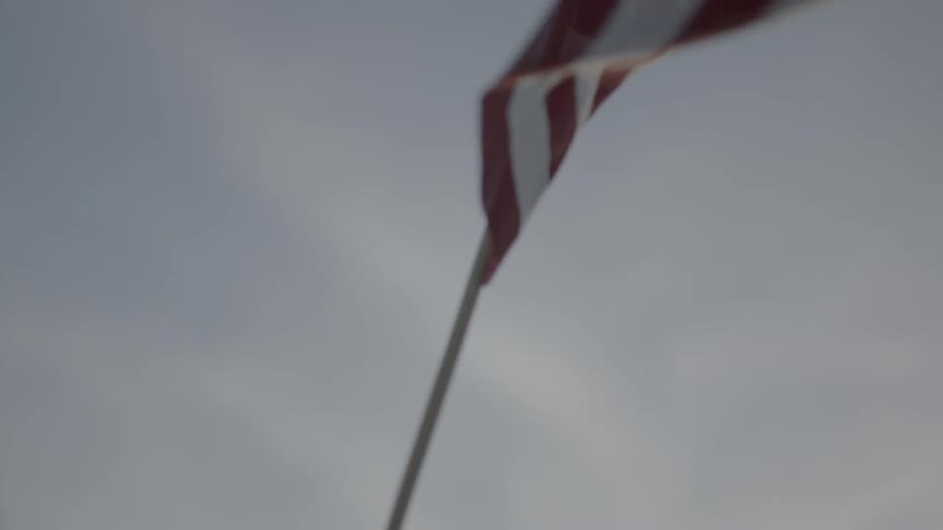 A person is looking over towards buildings holding a flag