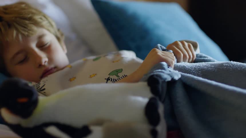 Boy lying down sleeping picking up his stuffed animal