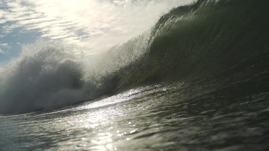 Sunlight reflects on the large wave