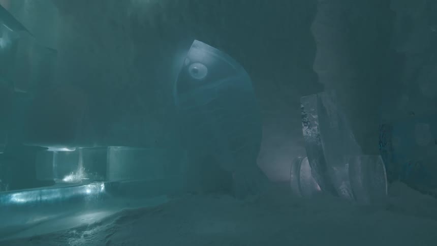 Interior design of an ice museum with a fish in the spotlight