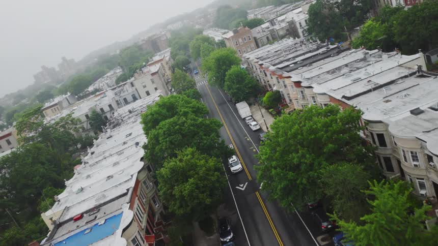 Aerial view of a quiet residential neighborhood with a treelined street running through it