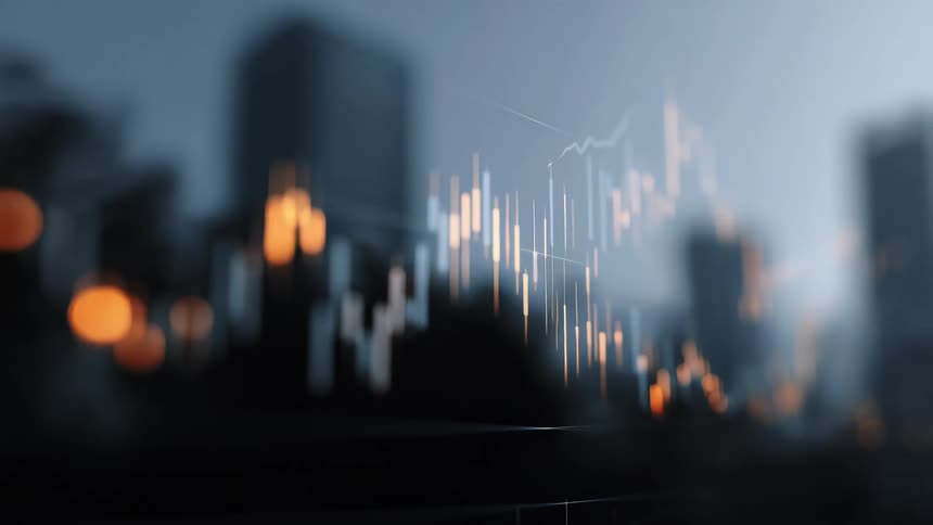 Financial market candlestick chart displayed against a blurred background of buildings