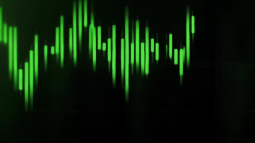 Green rectangles form a plot against a black background on a digital screen