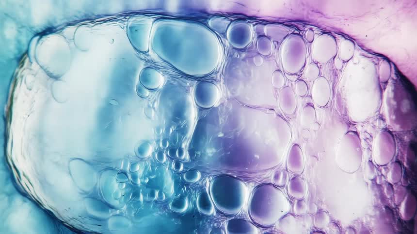 Abstract closeup of colorful oil and water bubbles blending in shades of blue and purple