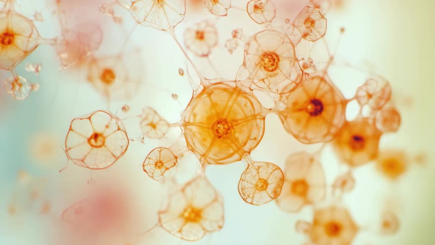Translucent orange tinted jellyfish like organisms float in a softly lit pale background revealing intricate internal structures