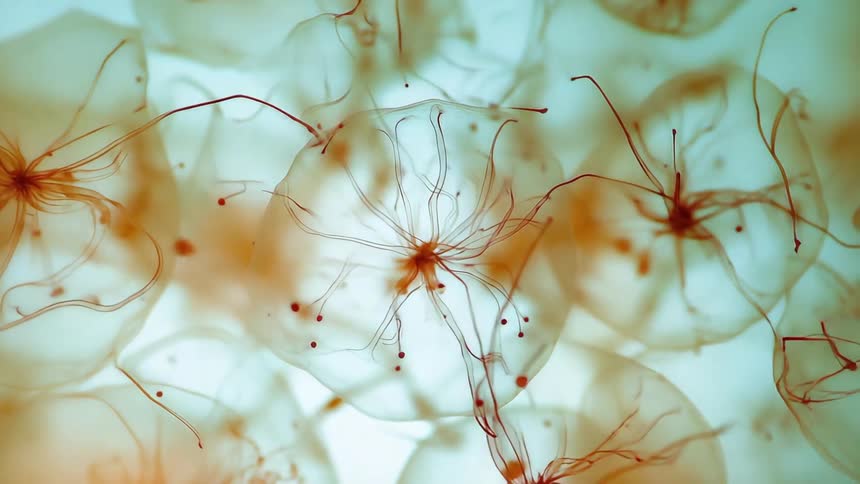 Extreme close up on transparent molecules with red roots against a light background