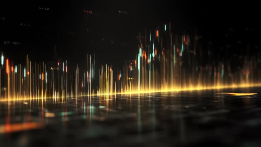 A stock market candlestick chart projected with a golden light on a display screen