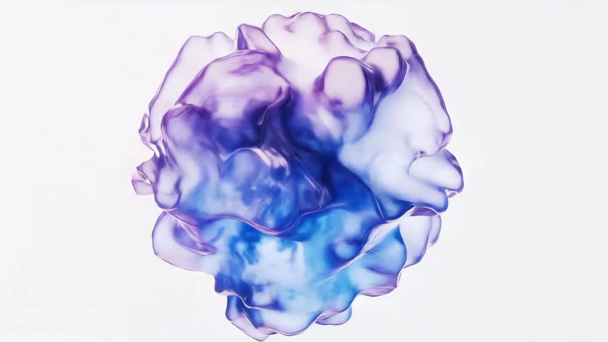 Blue and purple amorphous mass rotates against a white background