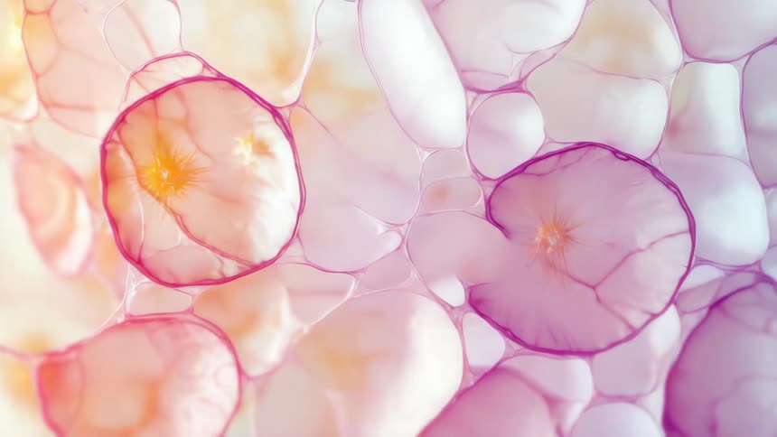 Closeup of translucent overlapping pink and orange cells with delicate outlines under a microscope