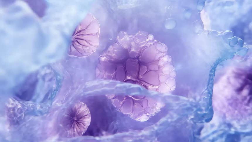 Microscopic view of translucent purpletoned jellyfishlike shapes floating in a bluish fluid
