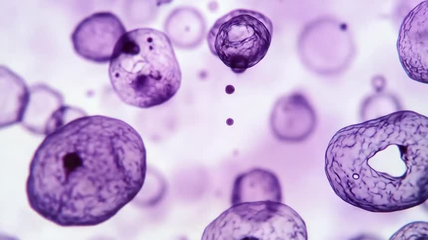 Purple cells moving around in clear fluid