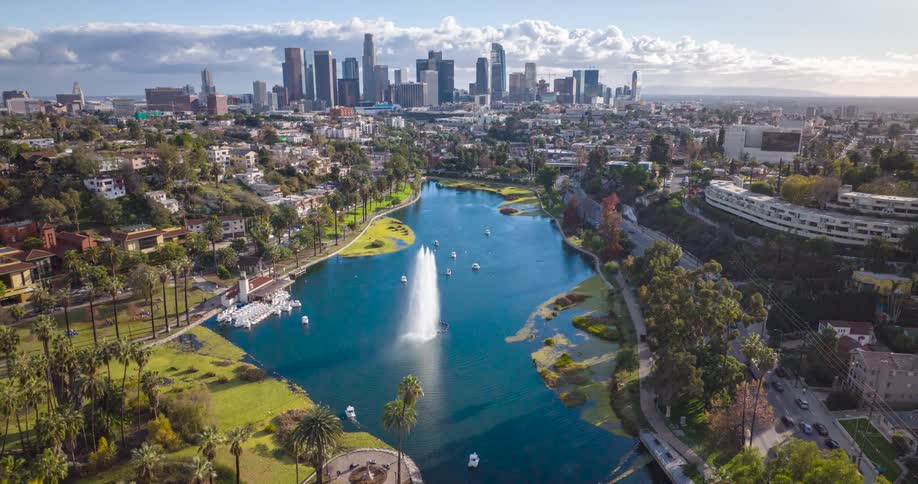 Aerial view of a Echo Park Lake fountain and downtown Los Angeles