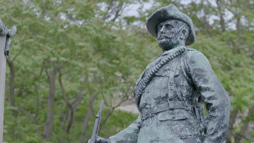 A soldier statue is surrounded by trees