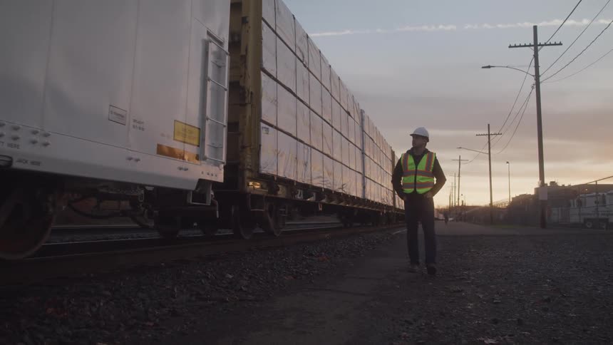 A worker in a safety vest and helmet walks beside a moving freight train at sunset