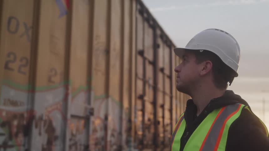The man is watching the cargo train