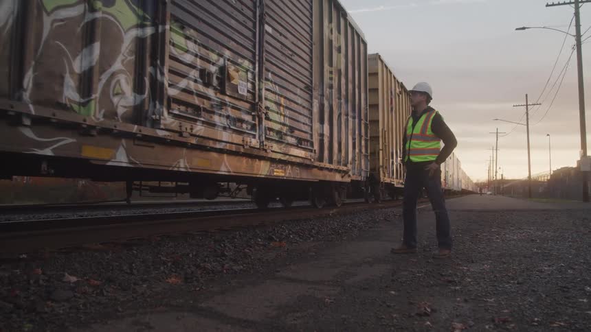 A man in a safety vest watches a freight train roll past