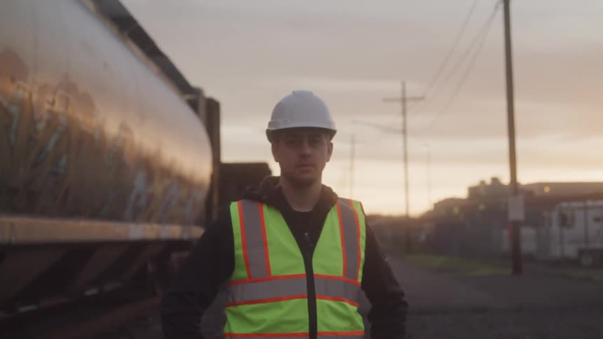 A man in a safety vest stands near a moving train