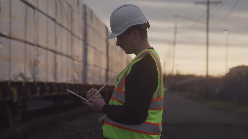 Construction worker notes on a tablet beside a freight train at dusk