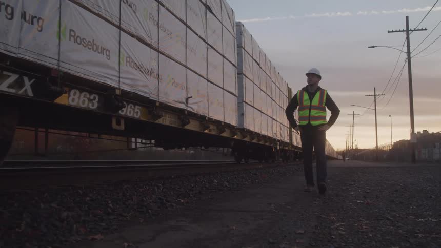 A worker walks by the moving cargo train