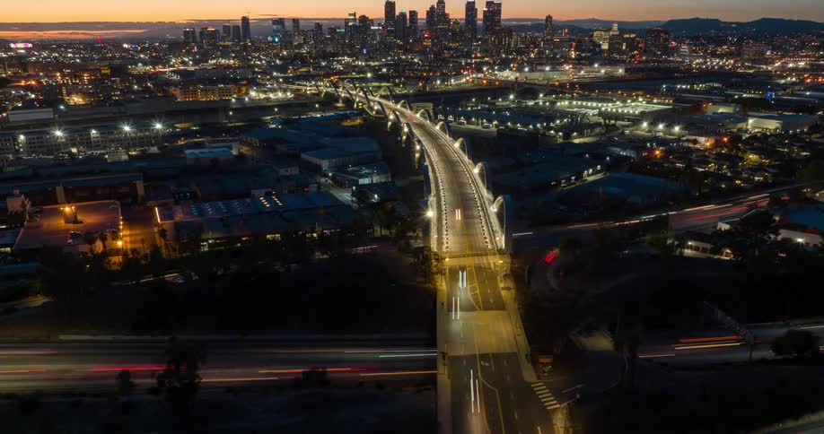 Traffic flows on the Sixth Street Bridge Viaduct in Los Angeles towards the city