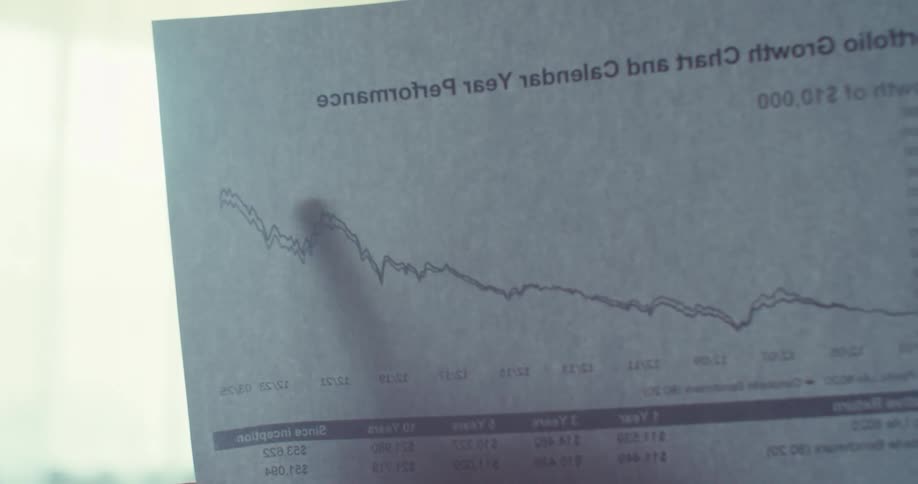 A man wearing thick glasses is holding a financial report showing an upward trend and is using a pen to draw attention to the graph line