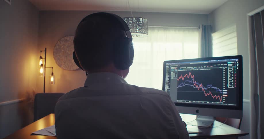 A man looks at a graph on a computer