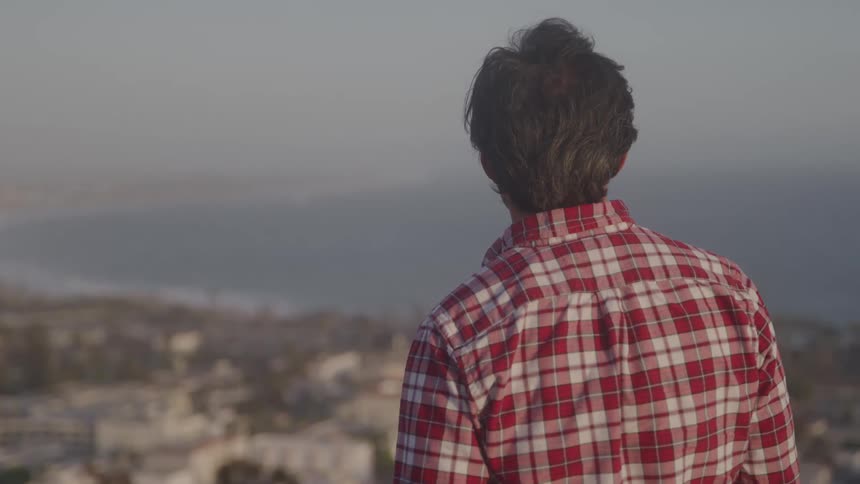 A person in a red plaid shirt stands facing a coastal city with highrise buildings and a foggy ocean stretching into the distance