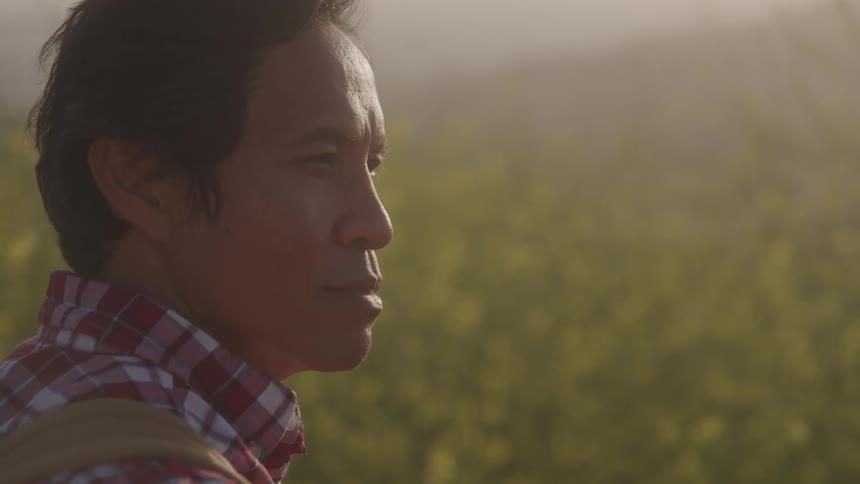 A closeup profile portrait of an asian man with a backpack looking out thoughtfully against a hazy sunlit field