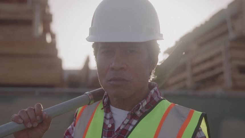 A construction worker in a checkered shirt white hard hat and neon safety vest carries a metal shovel over the shoulder at a site with stacked wooden planks