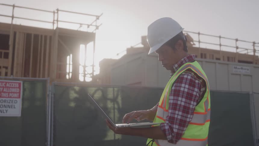 A construction worker stands in front of a construction site operating a laptop wearing a helmet and a green vest around midday