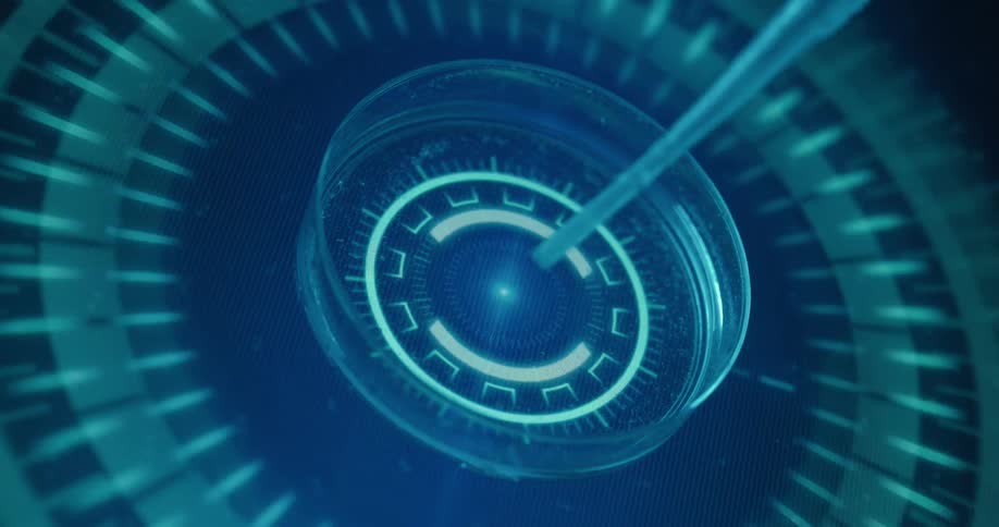 A pipette hover above a petri dish illuminated by a grid of glowing lines and points in a lablike setting